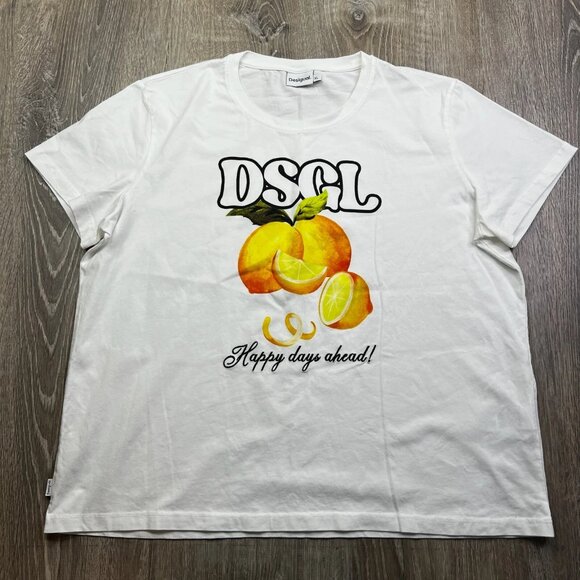 Desigual Mens White Short Sleeve Happy Days Ahead Graphic T-Shirt Size X-Large - Picture 1 of 9